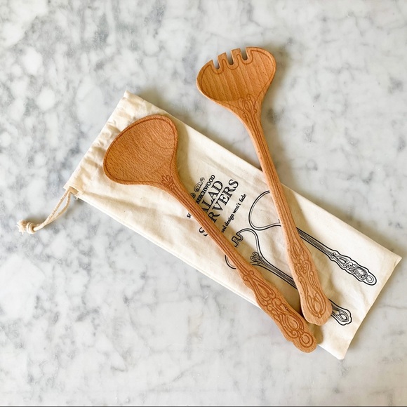 Other - Solid Birchwood Salad Server & Storage Cloth Bag